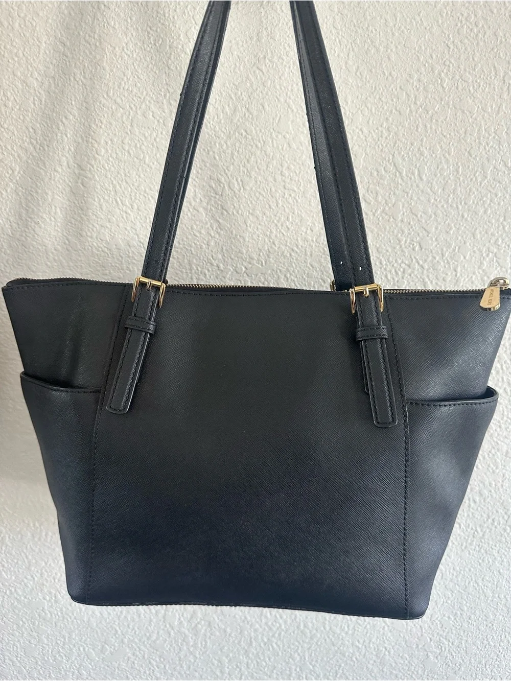 Michael Kors Charlotte Large Saffiano Leather Top Zip Tote Bag Black Gold
